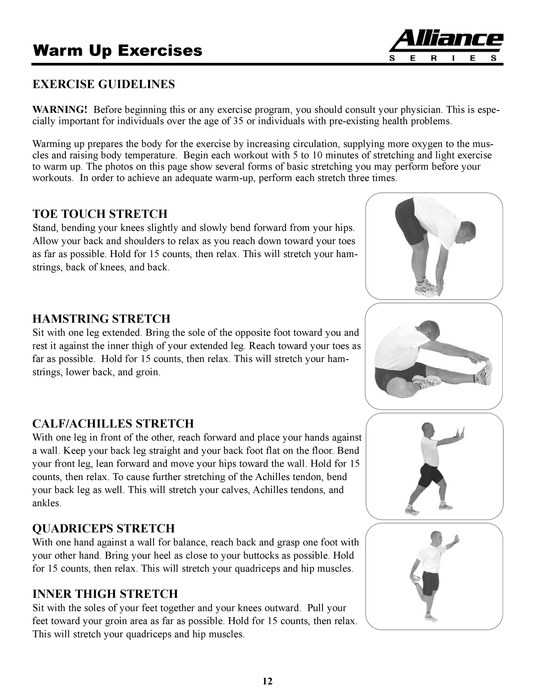 Keys Fitness A4T owner manual Warm Up Exercises, Exercise Guidelines 