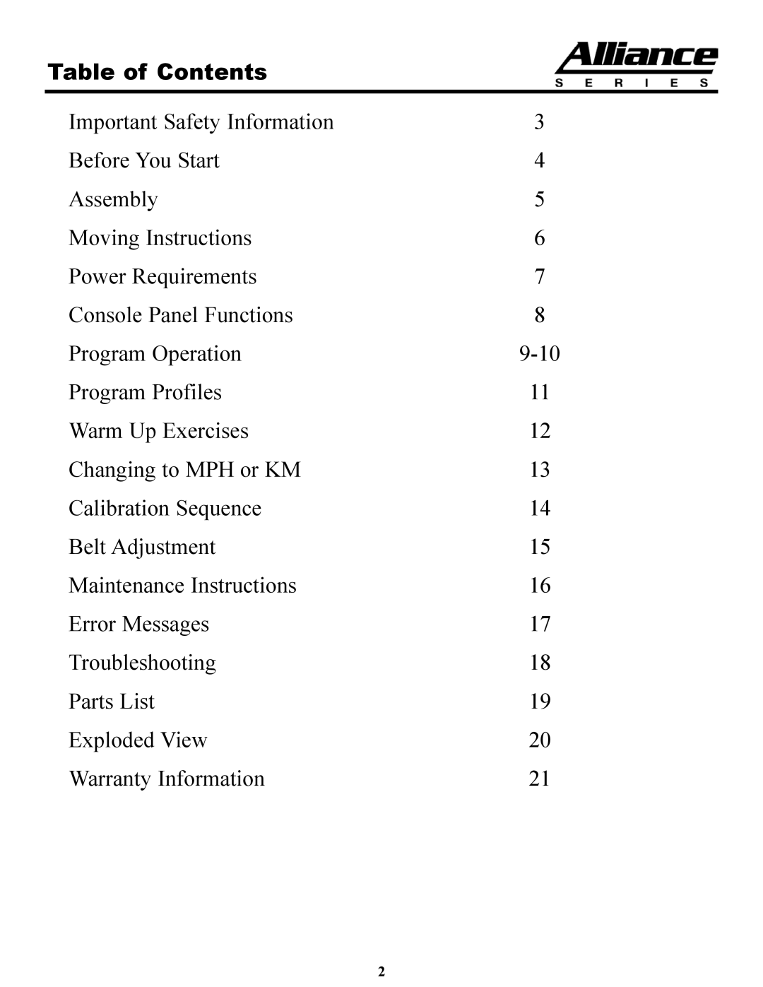 Keys Fitness A4T owner manual Table of Contents 