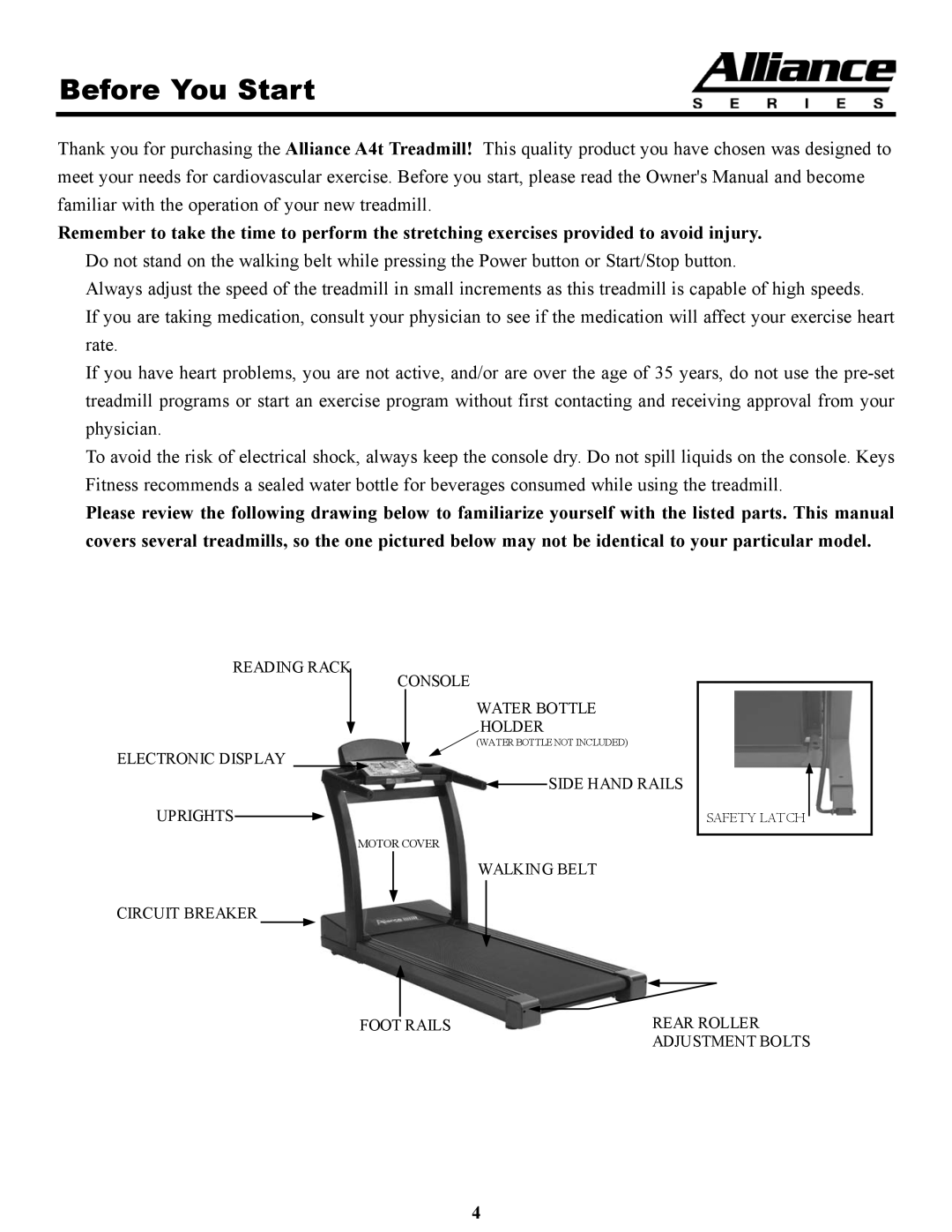 Keys Fitness A4T owner manual Before You Start 