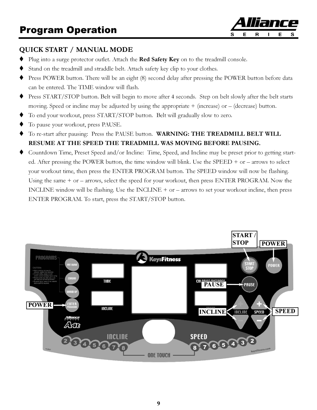 Keys Fitness A4T owner manual Program Operation, Quick Start / Manual Mode 