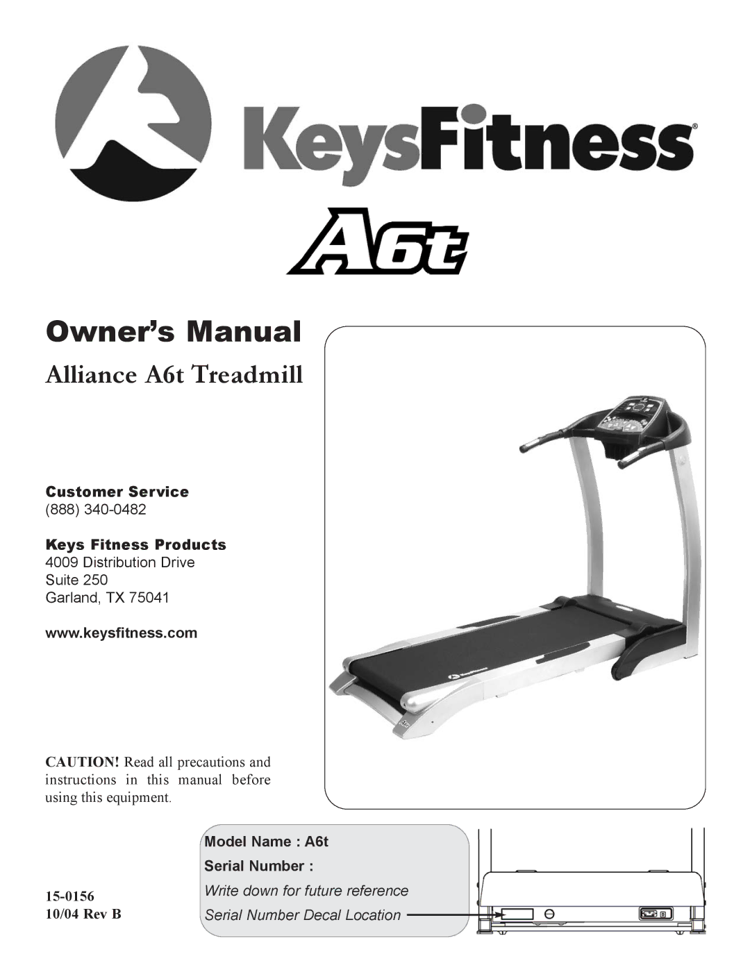 Keys Fitness owner manual Alliance A6t Treadmill 