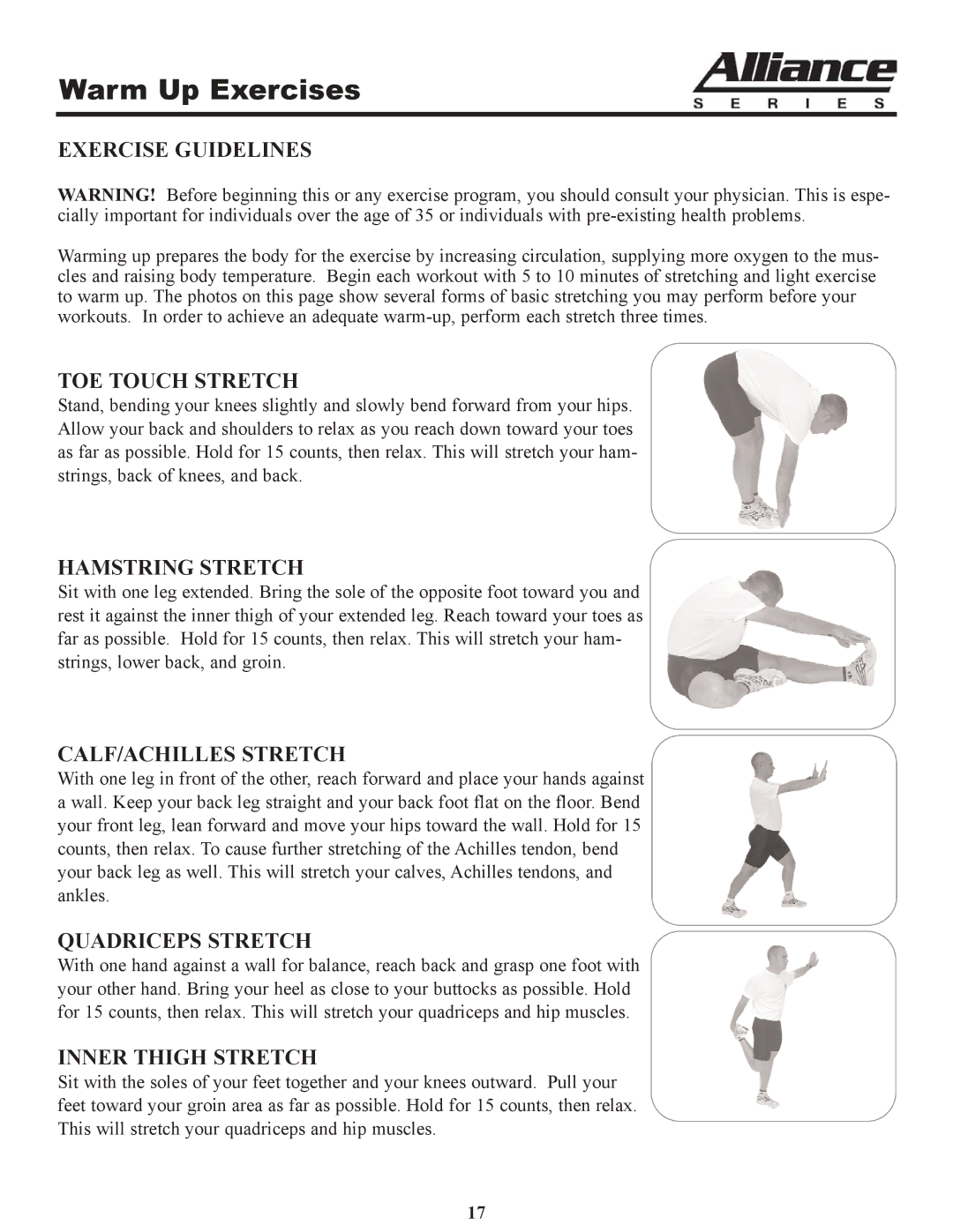 Keys Fitness A6t owner manual Warm Up Exercises, Exercise Guidelines 