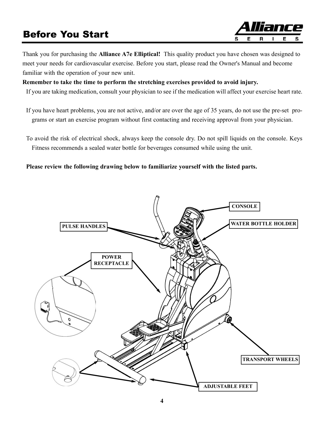 Keys Fitness A7e owner manual Before You Start 