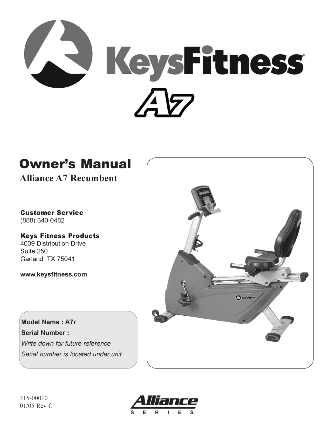 Keys Fitness A7r owner manual Alliance A7 Recumbent 