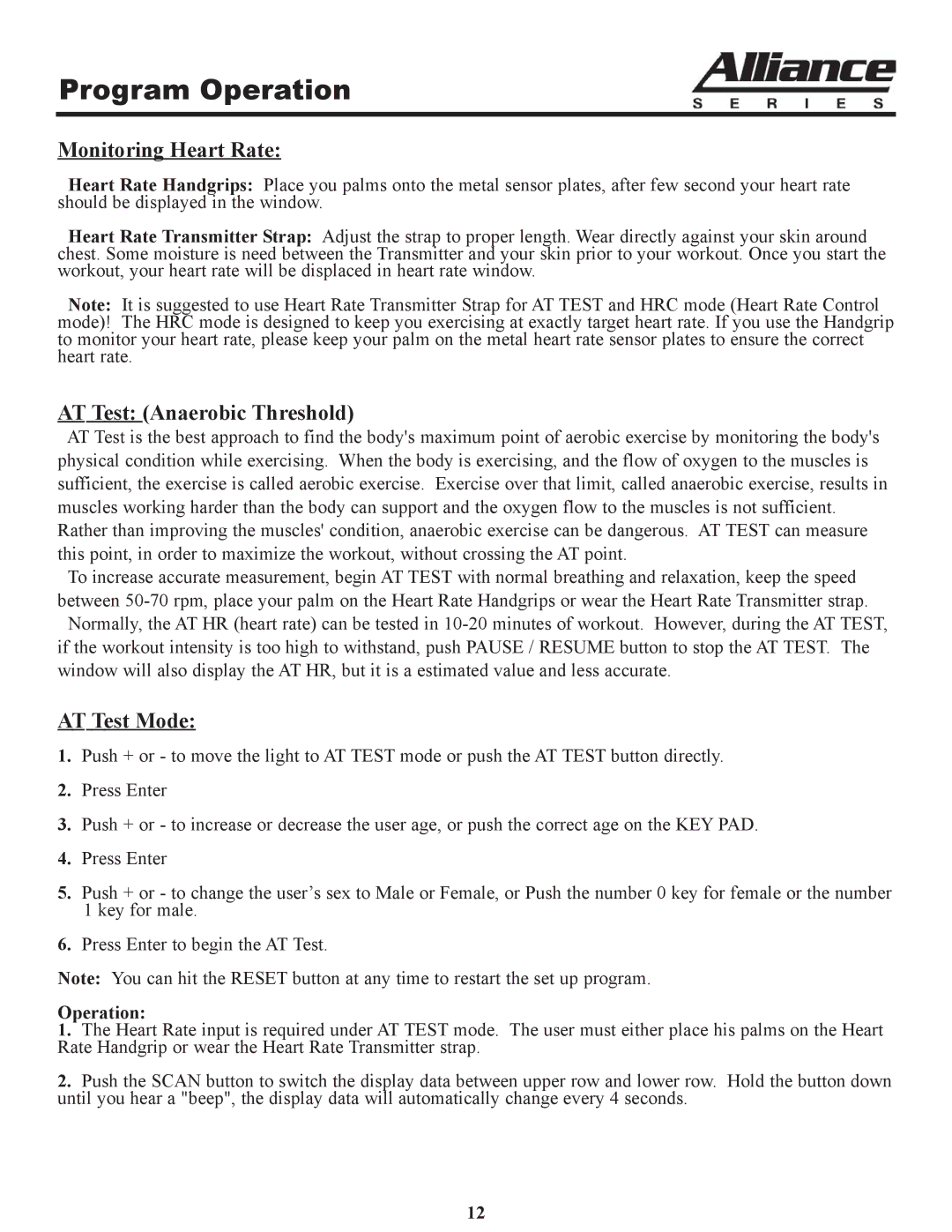 Keys Fitness A7u owner manual Program Operation, Monitoring Heart Rate, AT Test Anaerobic Threshold, AT Test Mode 