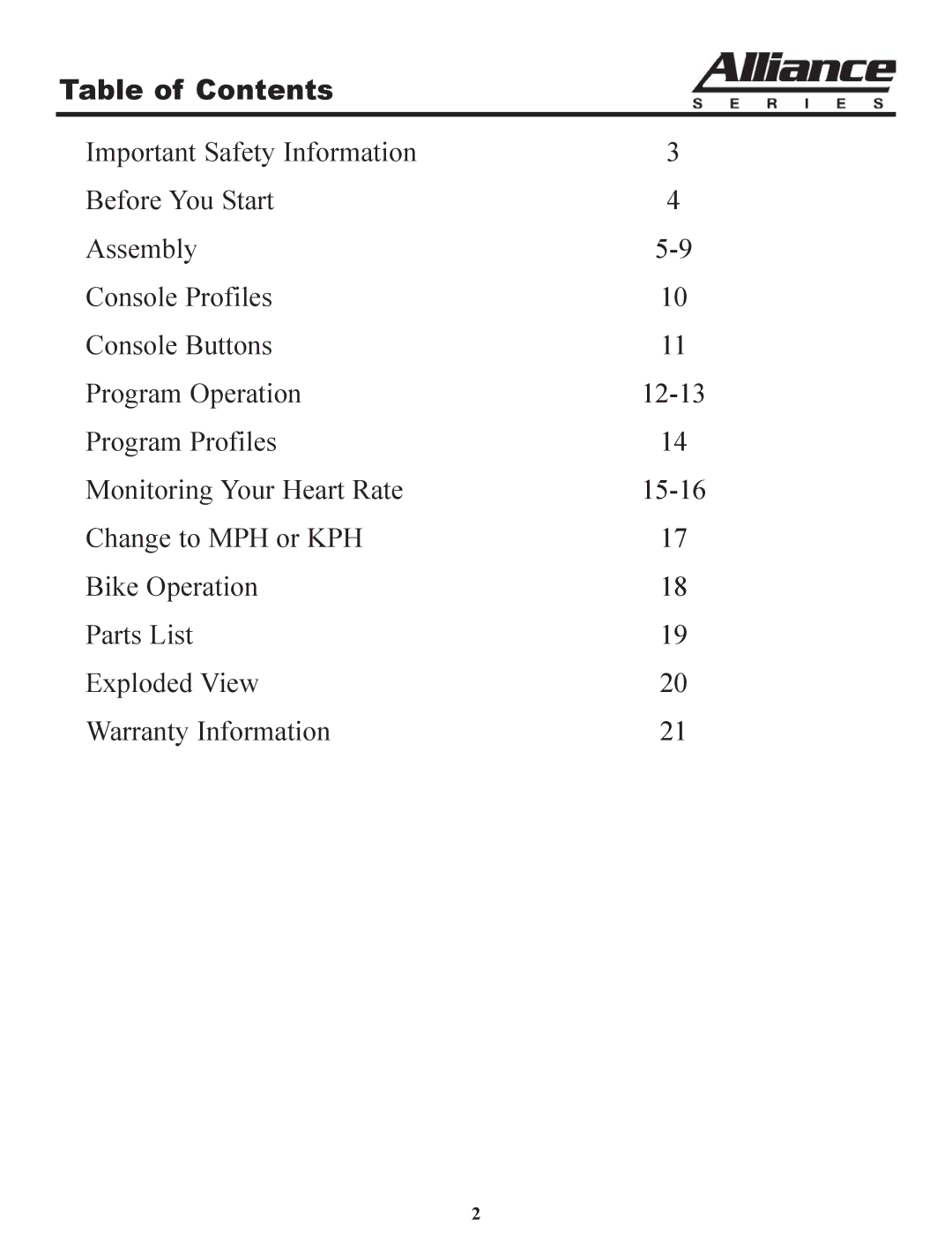 Keys Fitness A7u owner manual Table of Contents 