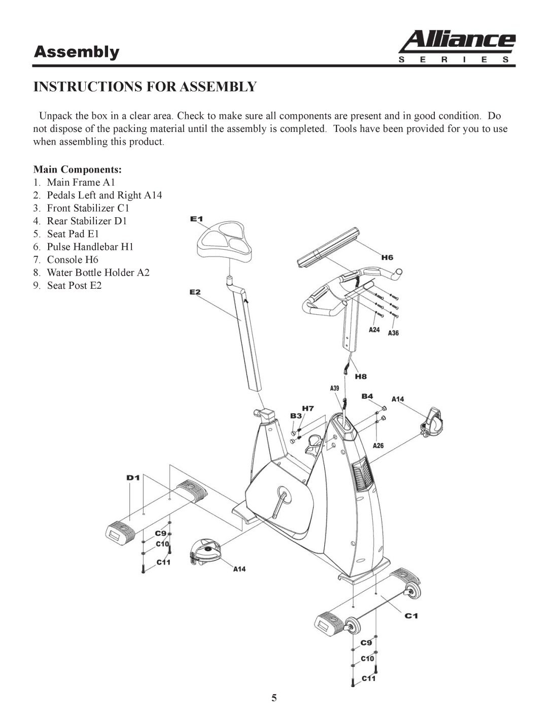 Keys Fitness A7u owner manual Assembly, Main Components 