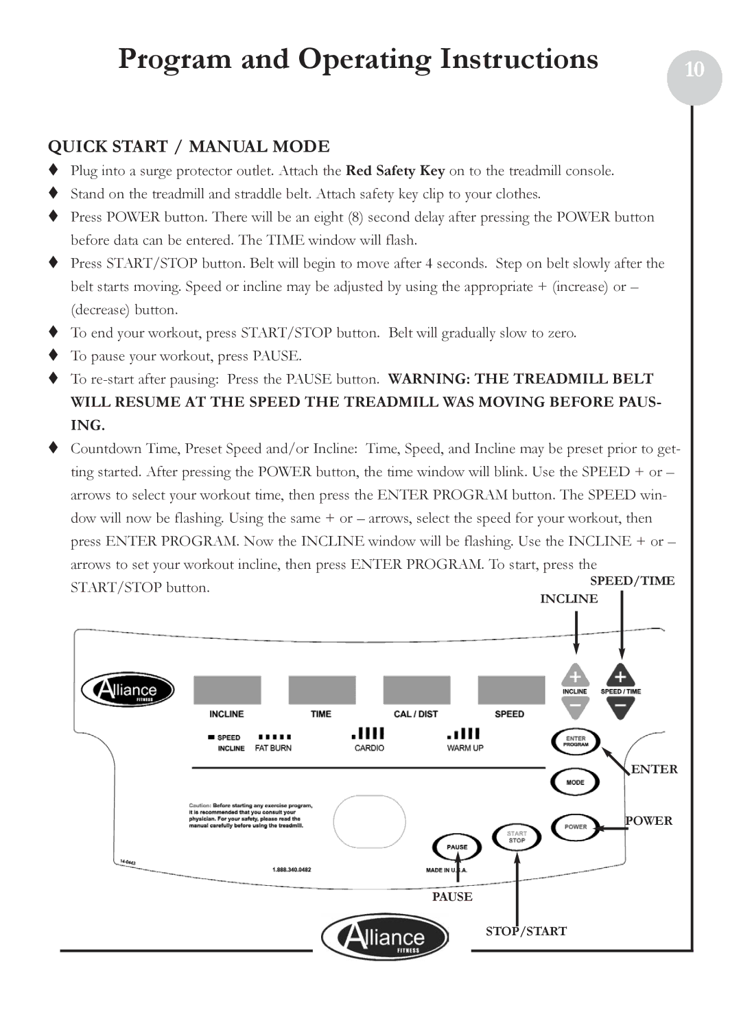 Keys Fitness ALL800 owner manual Program and Operating Instructions, Quick Start / Manual Mode 