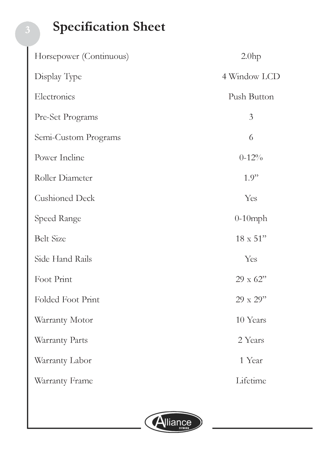 Keys Fitness ALL800 owner manual Specification Sheet 