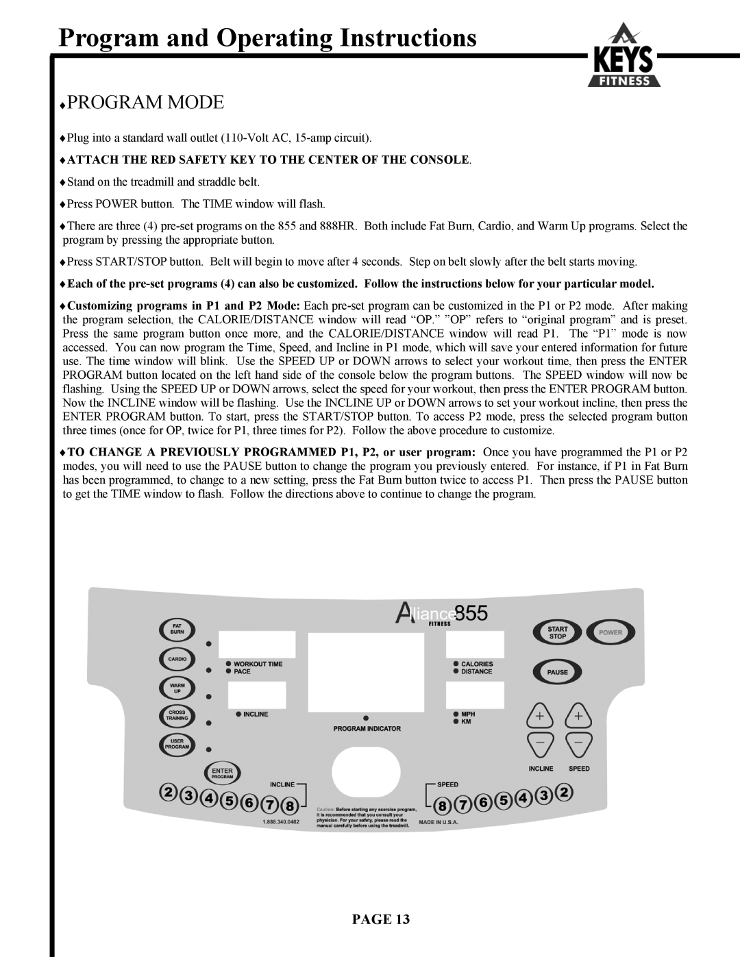 Keys Fitness Alliance 855, Alliance 888HR owner manual Program Mode 