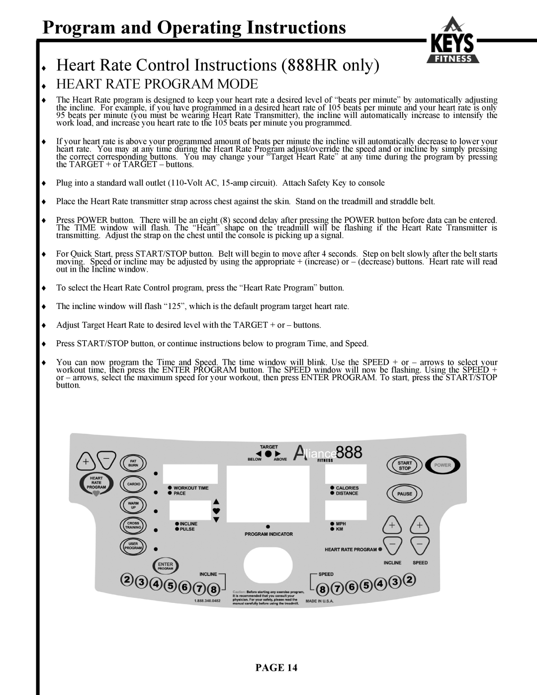 Keys Fitness Alliance 888HR, Alliance 855 owner manual Heart Rate Control Instructions 888HR only 