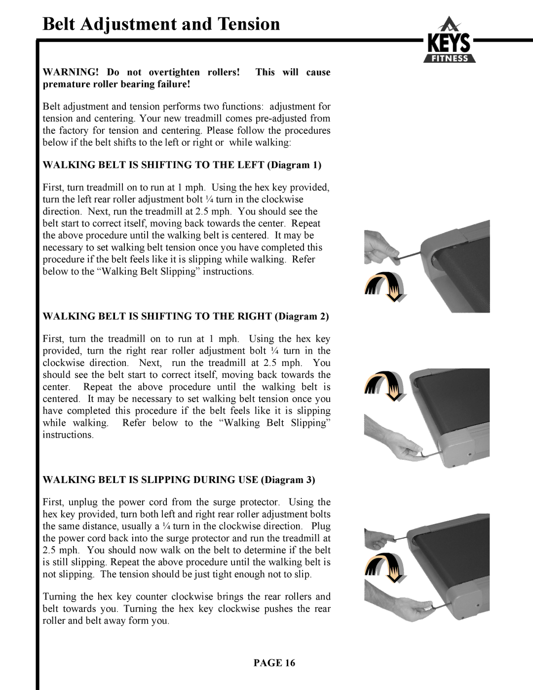 Keys Fitness Alliance 888HR, Alliance 855 Belt Adjustment and Tension, Walking Belt is Shifting to the Left Diagram 