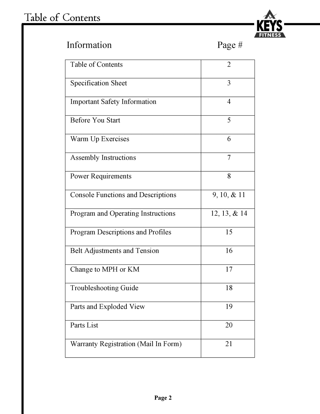 Keys Fitness Alliance 888HR, Alliance 855 owner manual Table of Contents 