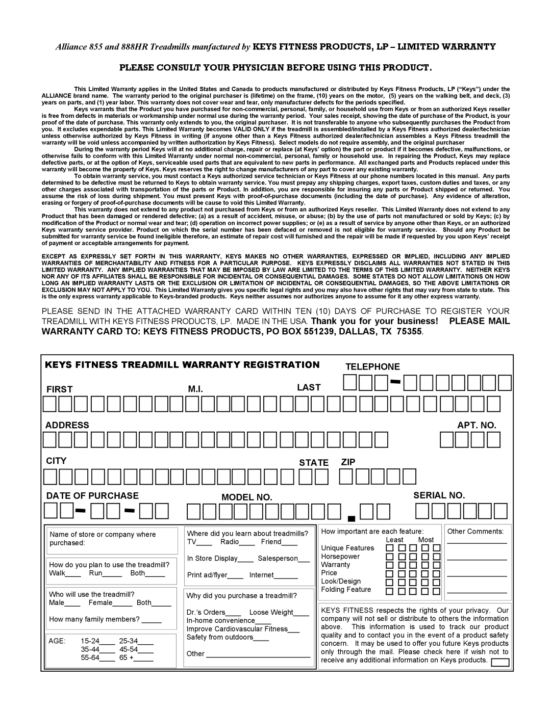 Keys Fitness Alliance 888HR, Alliance 855 owner manual Please Consult Your Physician Before Using this Product 