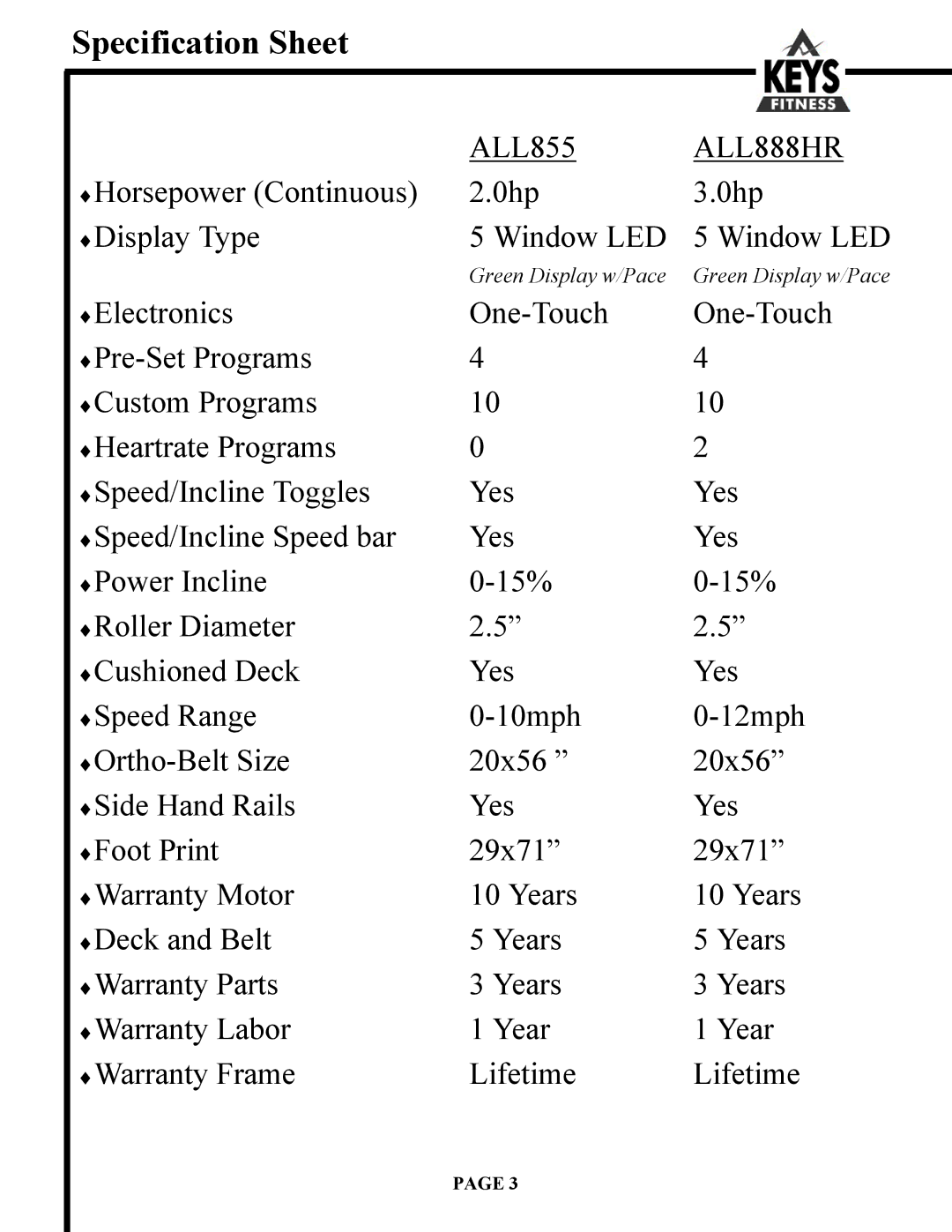 Keys Fitness Alliance 855, Alliance 888HR owner manual Specification Sheet, ALL888HR 