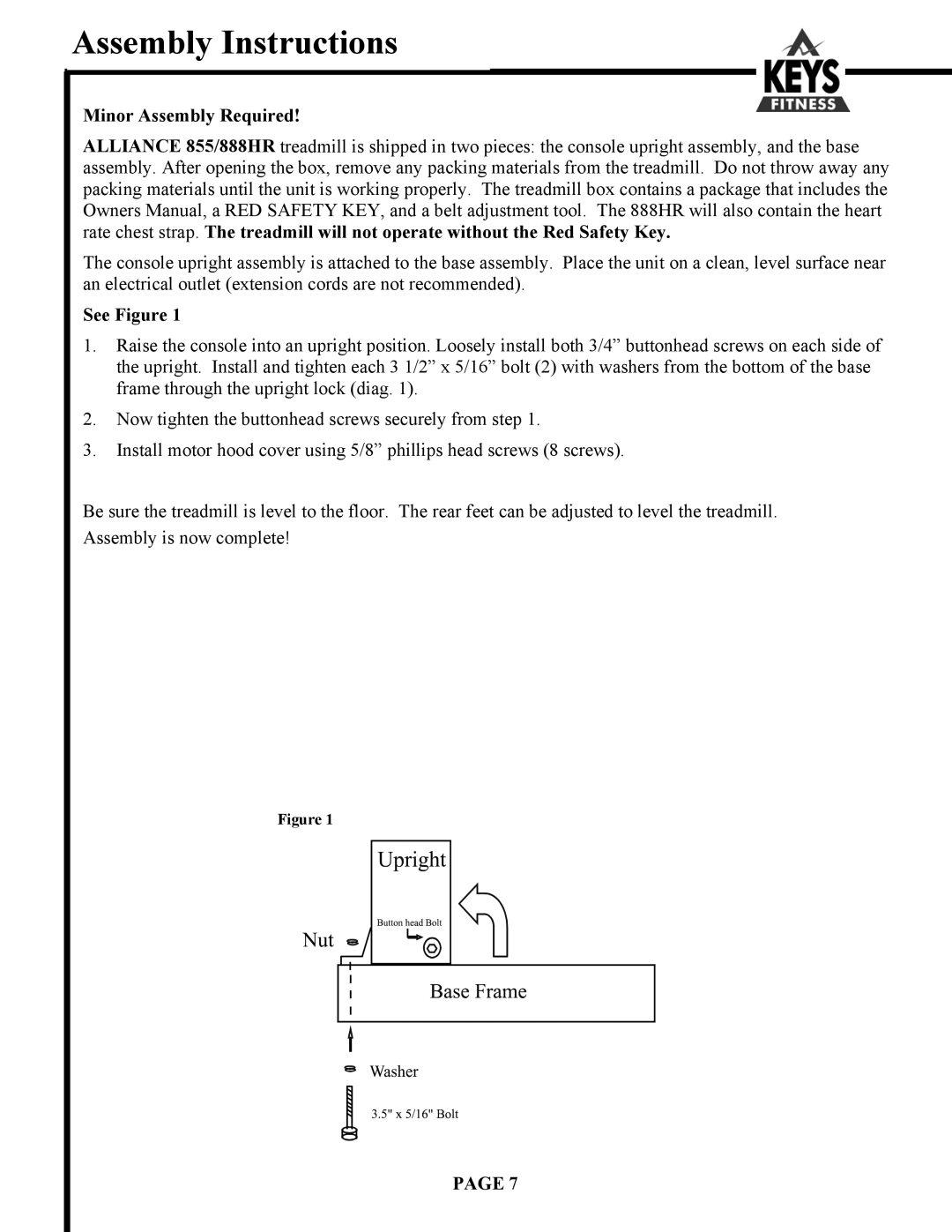 Keys Fitness Alliance 855, Alliance 888HR owner manual Assembly Instructions, Minor Assembly Required 