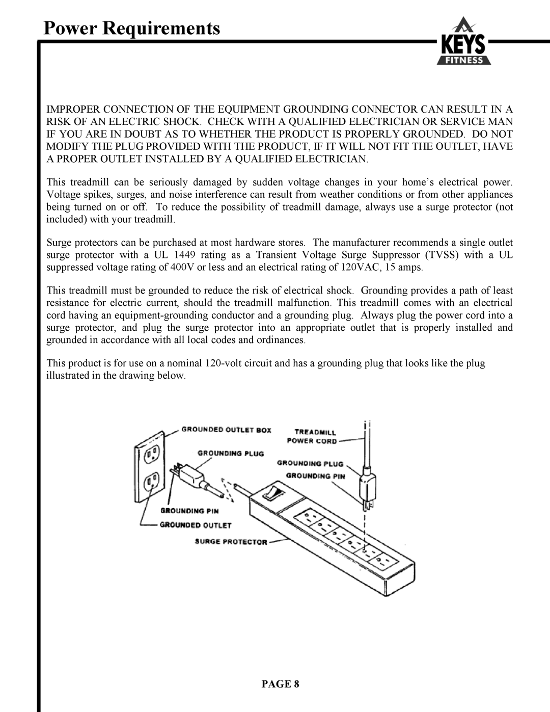 Keys Fitness Alliance 888HR, Alliance 855 owner manual Power Requirements 