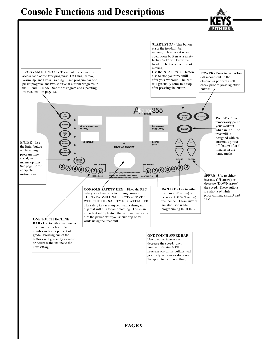 Keys Fitness Alliance 855, Alliance 888HR owner manual Console Functions and Descriptions 