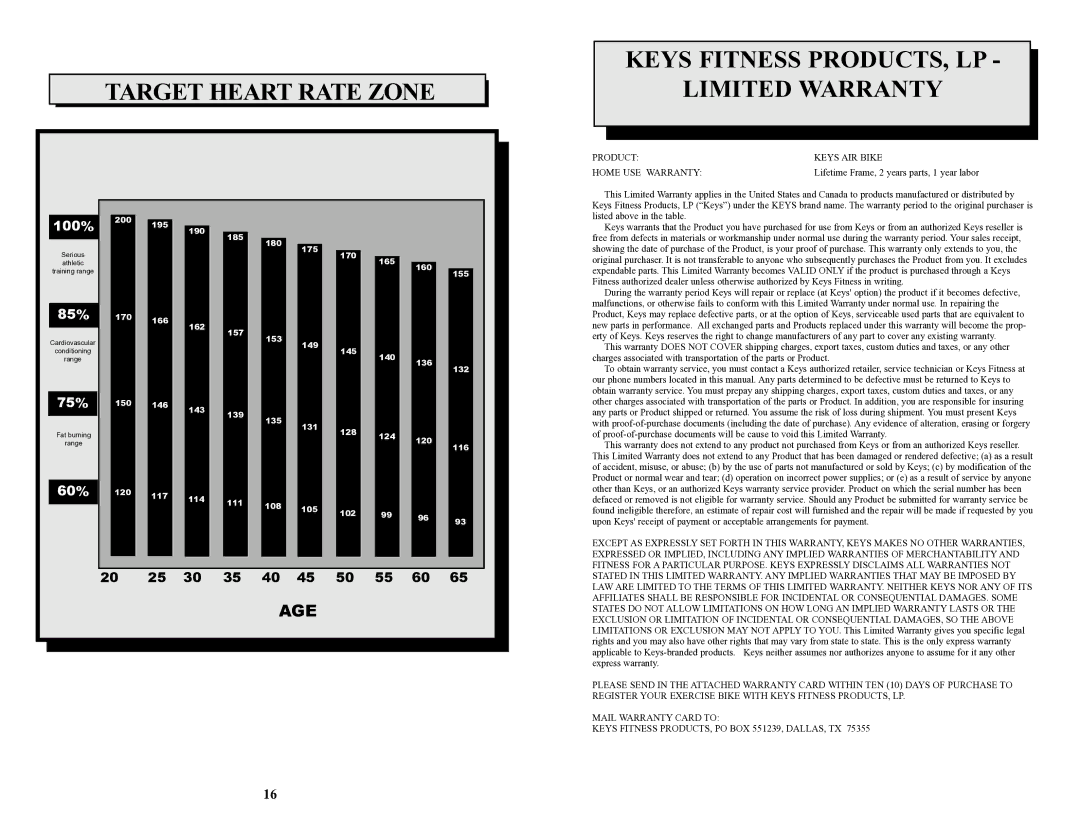 Keys Fitness bicylce owner manual Age 