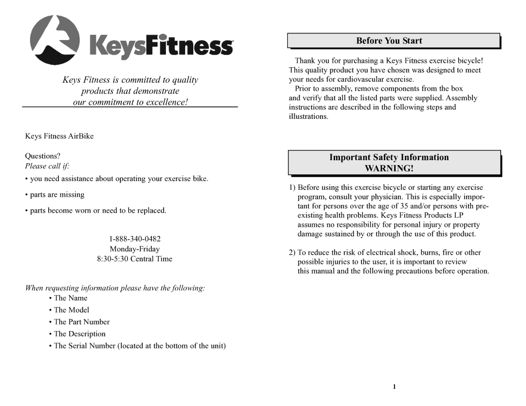 Keys Fitness bicylce owner manual Before You Start 