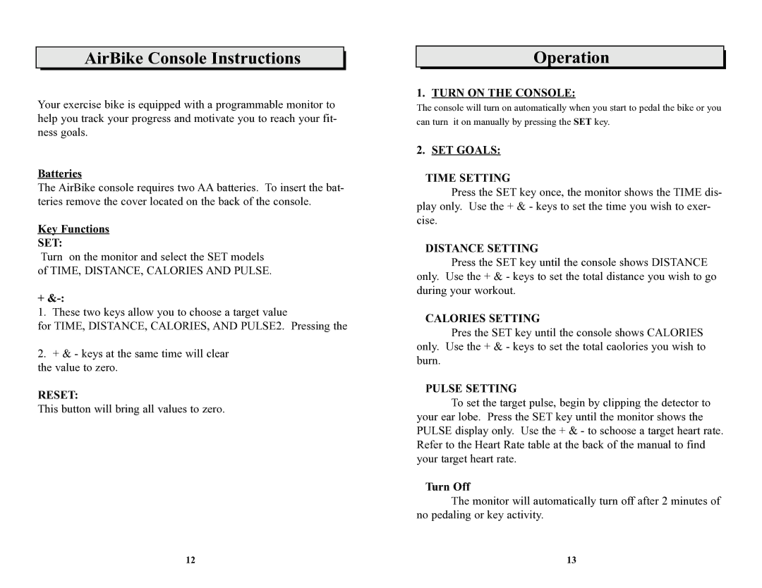 Keys Fitness bicylce owner manual AirBike Console Instructions, Operation 