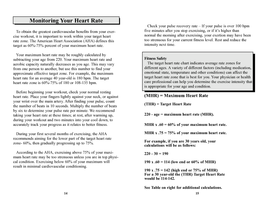 Keys Fitness bicylce owner manual Monitoring Your Heart Rate, Fitness Safety 