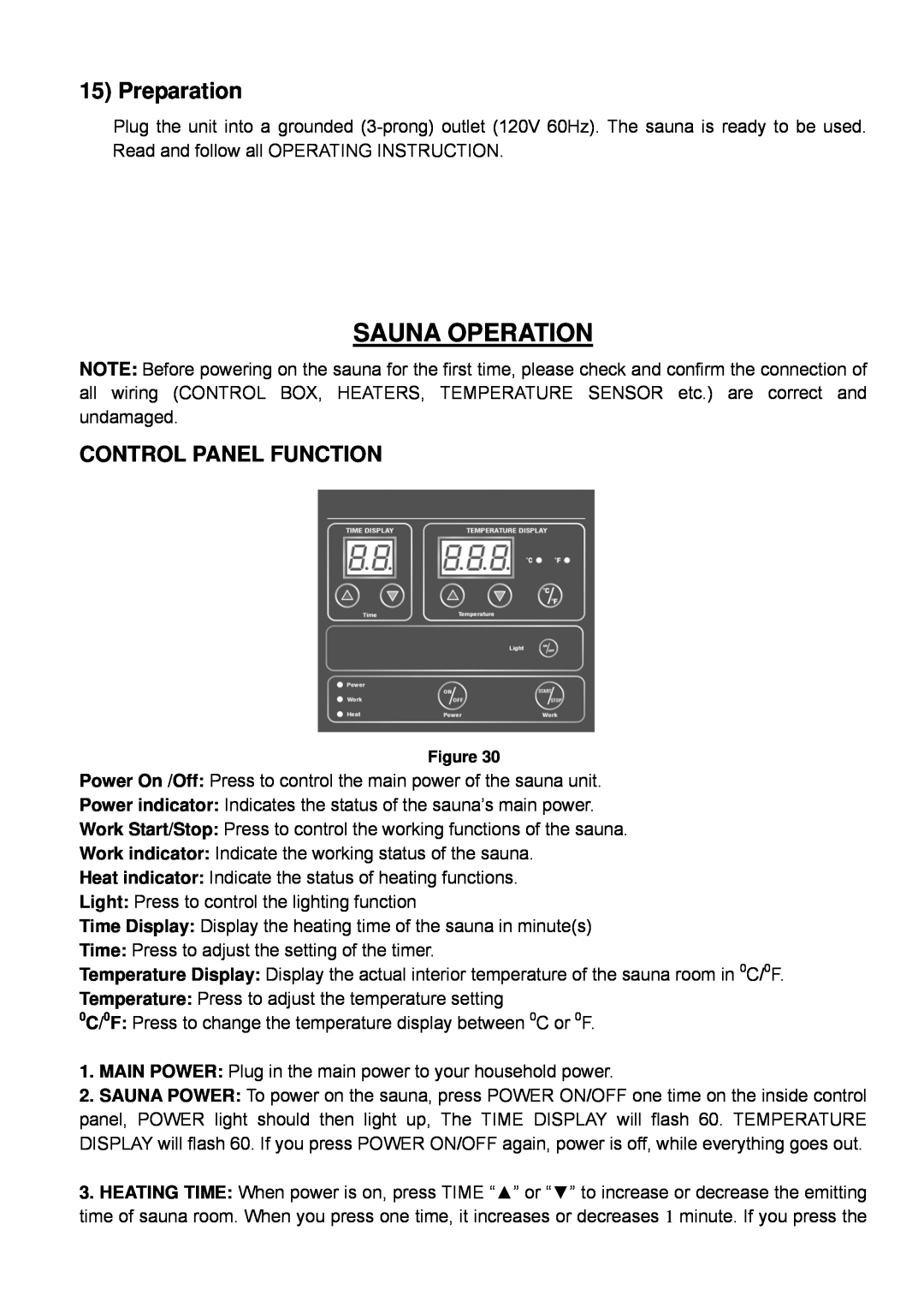 Keys Fitness BS-9101 owner manual Sauna Operation, Preparation, Control Panel Function 