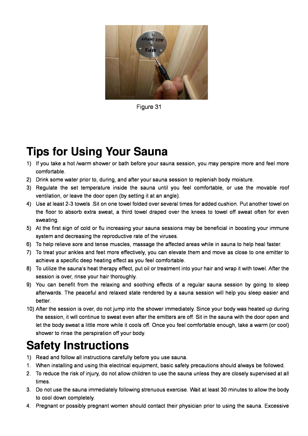 Keys Fitness BS-9101 owner manual Tips for Using Your Sauna, Safety Instructions 