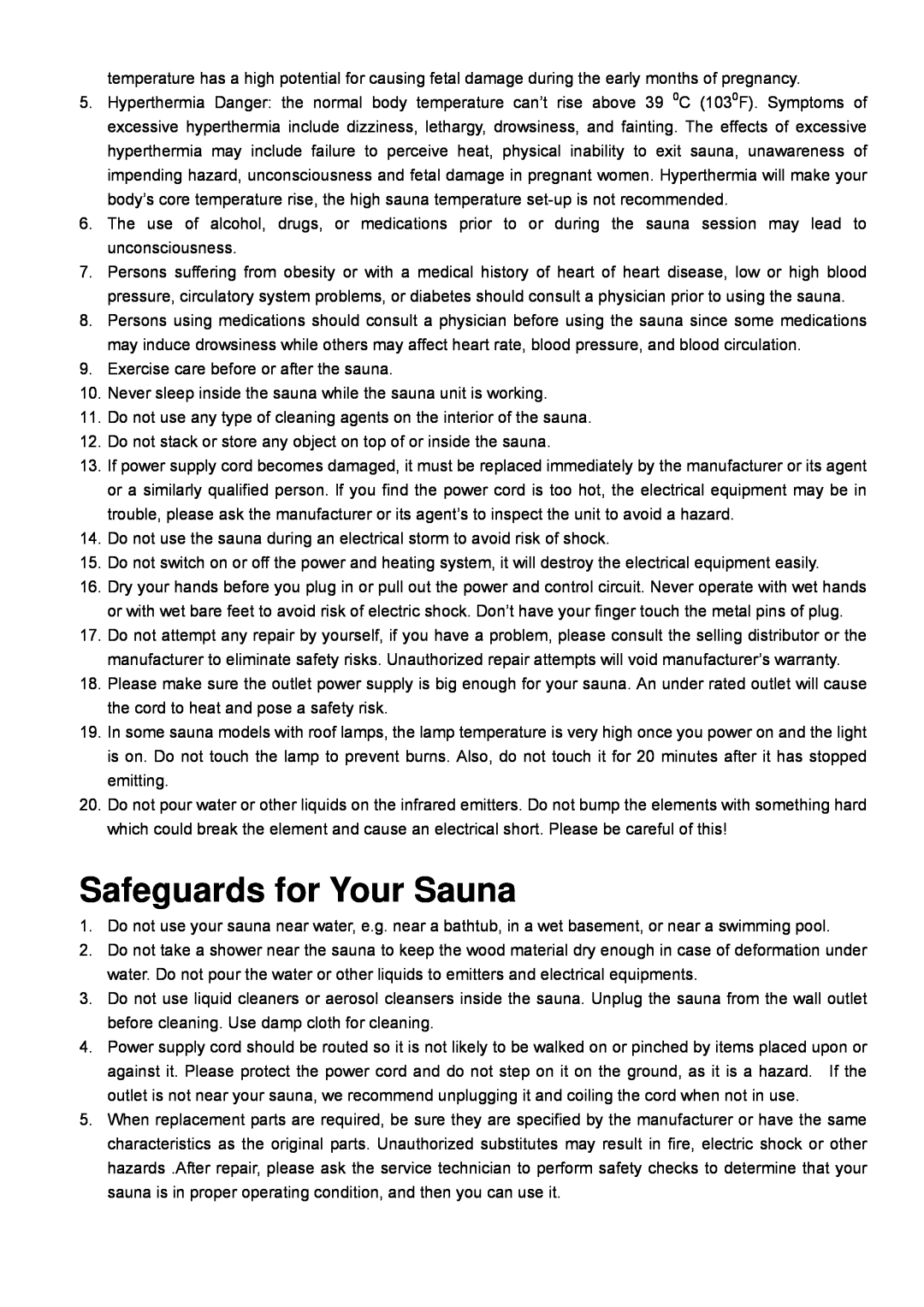 Keys Fitness BS-9101 owner manual Safeguards for Your Sauna 