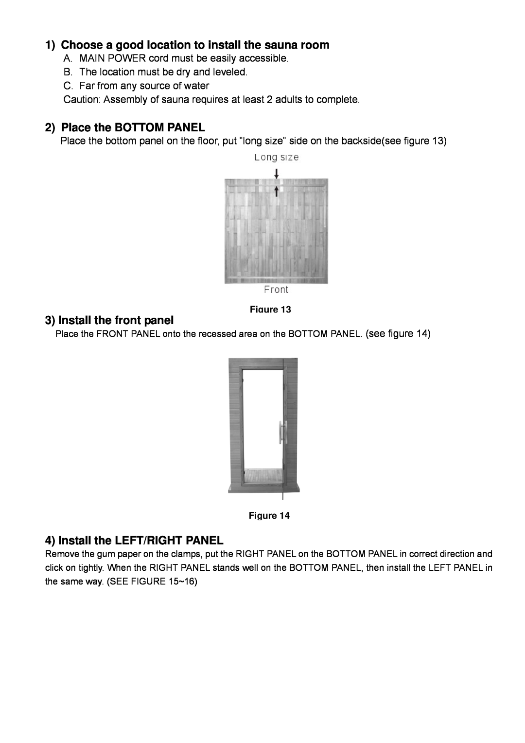 Keys Fitness BS-9101 1Choose a good location to install the sauna room, Place the BOTTOM PANEL, Install the front panel 