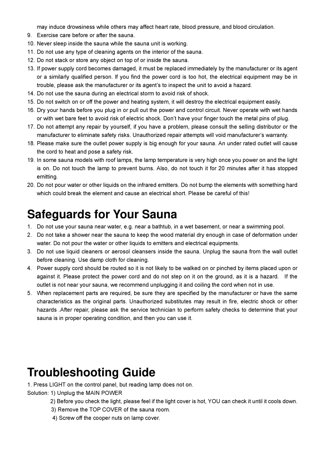 Keys Fitness BS-9202 owner manual Safeguards for Your Sauna 