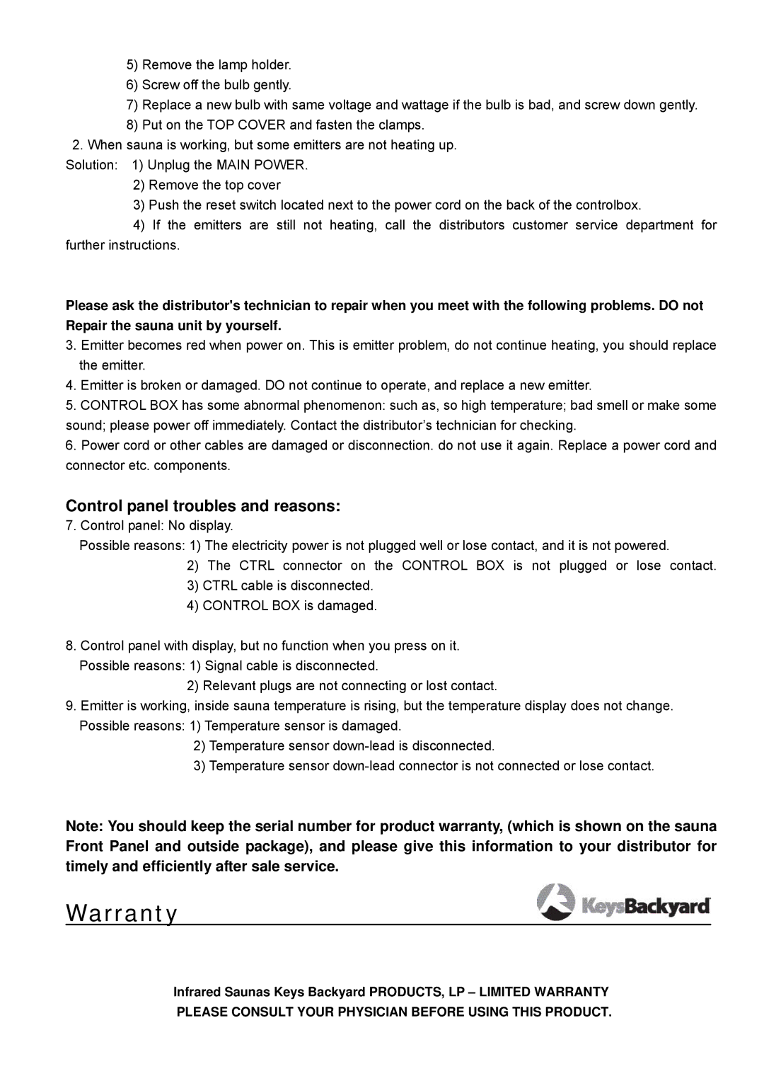 Keys Fitness BS-9202 owner manual Warranty, Control panel troubles and reasons 