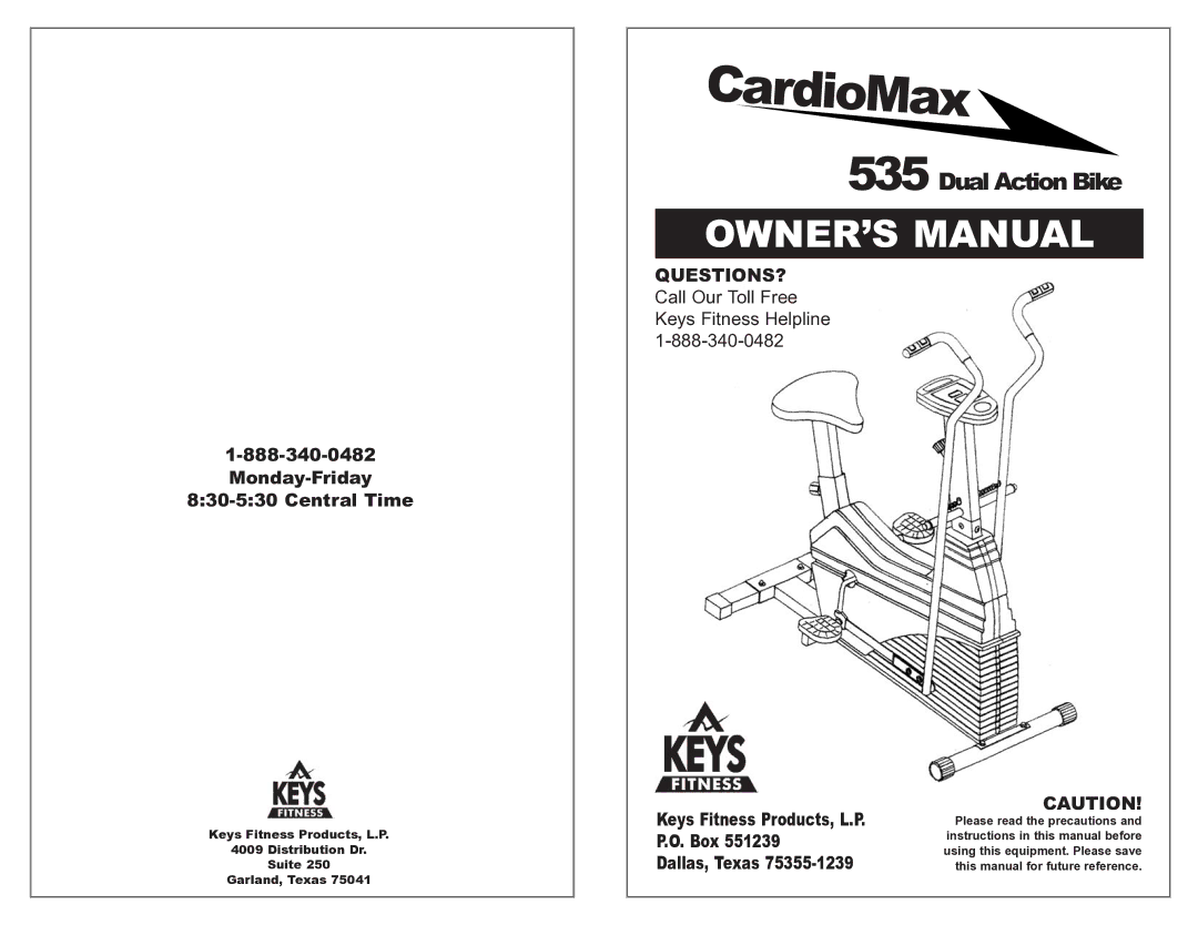 Keys Fitness CardioMax 535 owner manual Dual Action Bike 