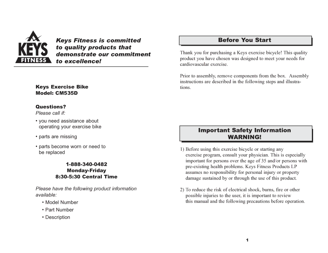 Keys Fitness CardioMax 535 owner manual Before You Start, Important Safety Information 