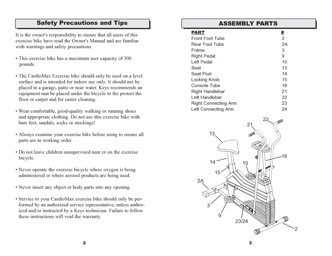 Keys Fitness CardioMax 535 owner manual Safety Precautions and Tips, Assembly Parts 