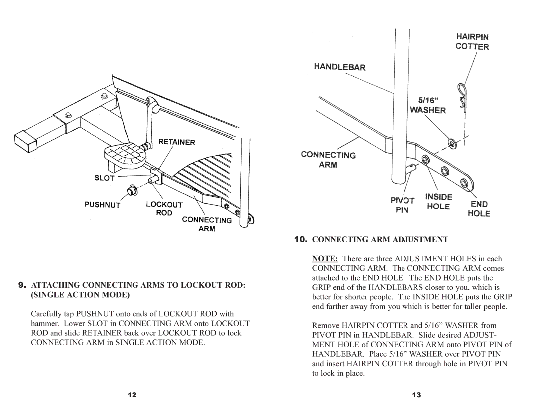 Keys Fitness CardioMax 535 owner manual Attaching Connecting Arms to Lockout ROD Single Action Mode 