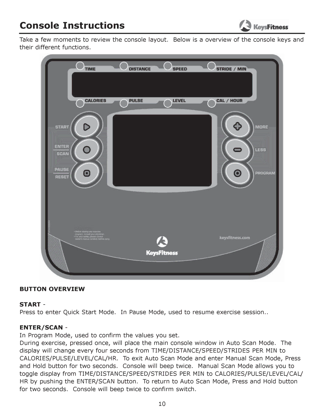 Keys Fitness CG2 owner manual Console Instructions, Button Overview Start, Enter/Scan 