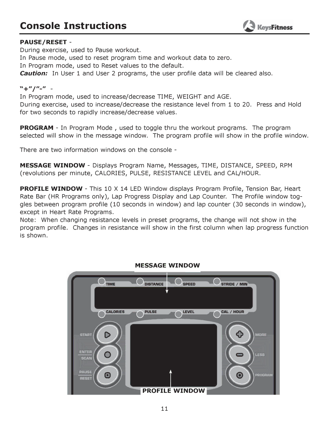 Keys Fitness CG2 owner manual Pause/Reset, Message Window Profile Window 