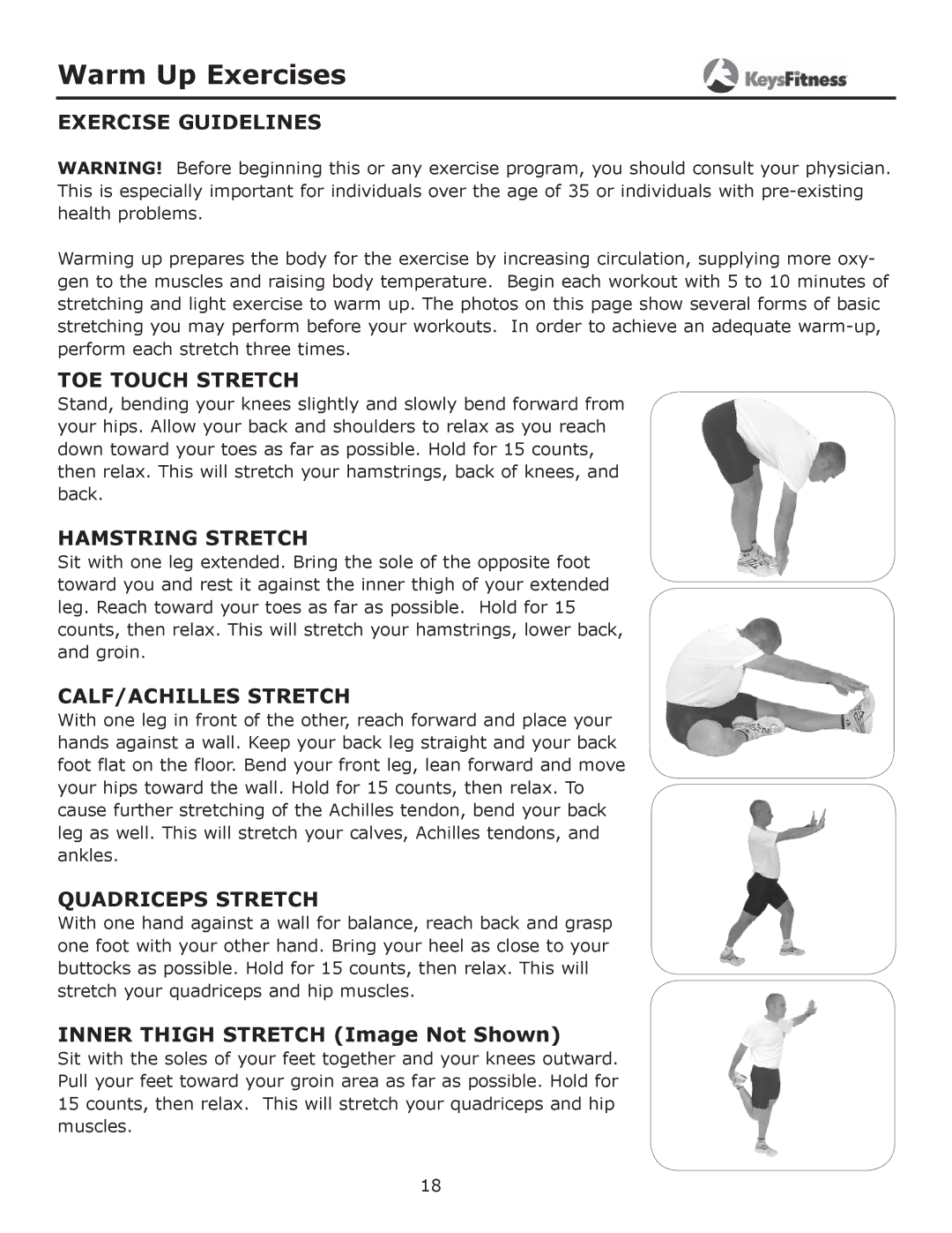 Keys Fitness CG2 owner manual Warm Up Exercises, Exercise Guidelines 