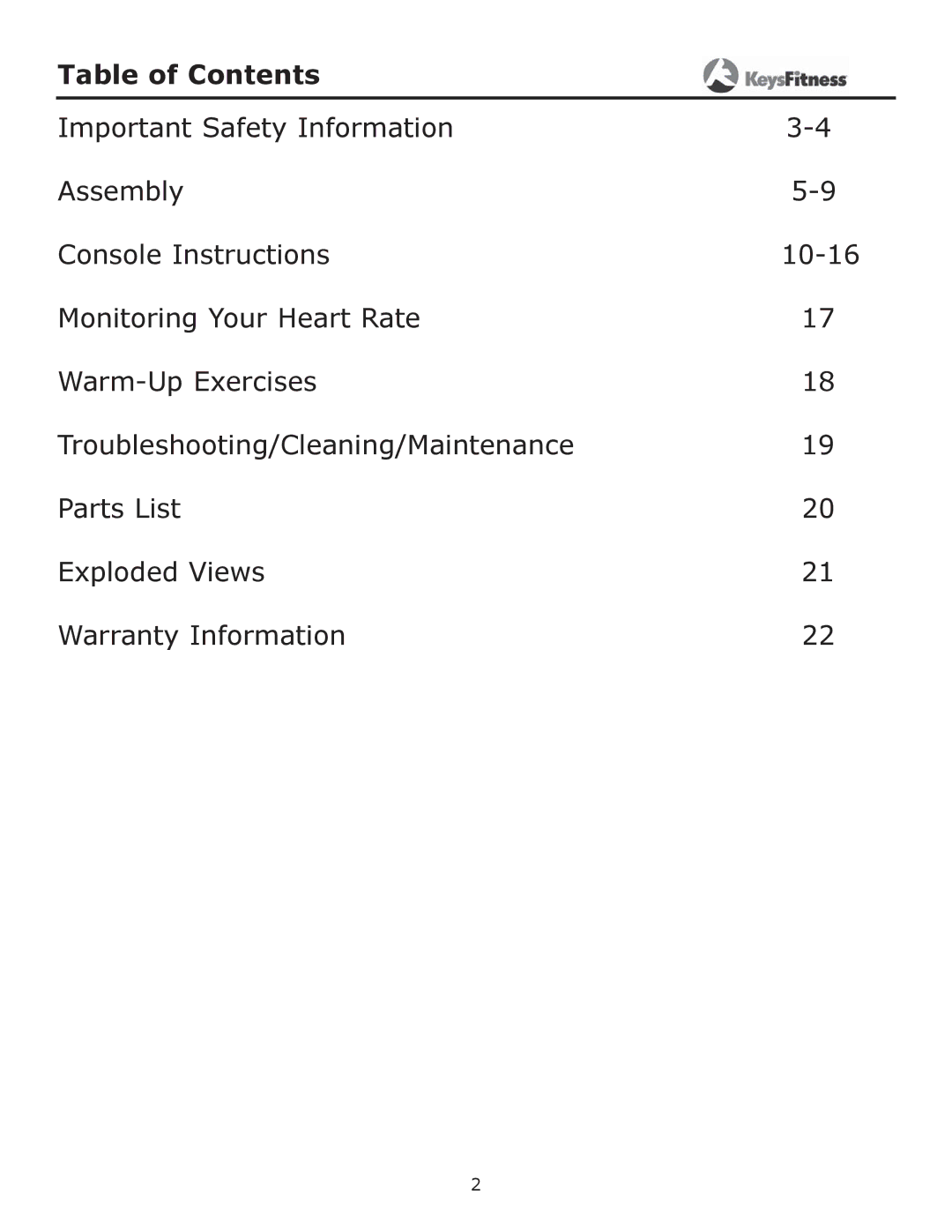 Keys Fitness CG2 owner manual Table of Contents 