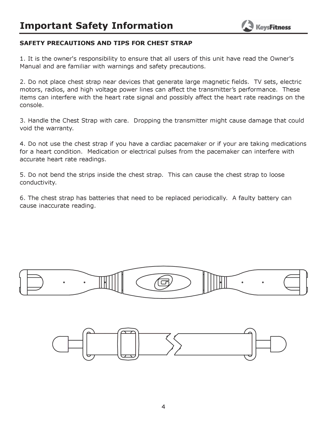 Keys Fitness CG2 owner manual Safety Precautions and Tips for Chest Strap 