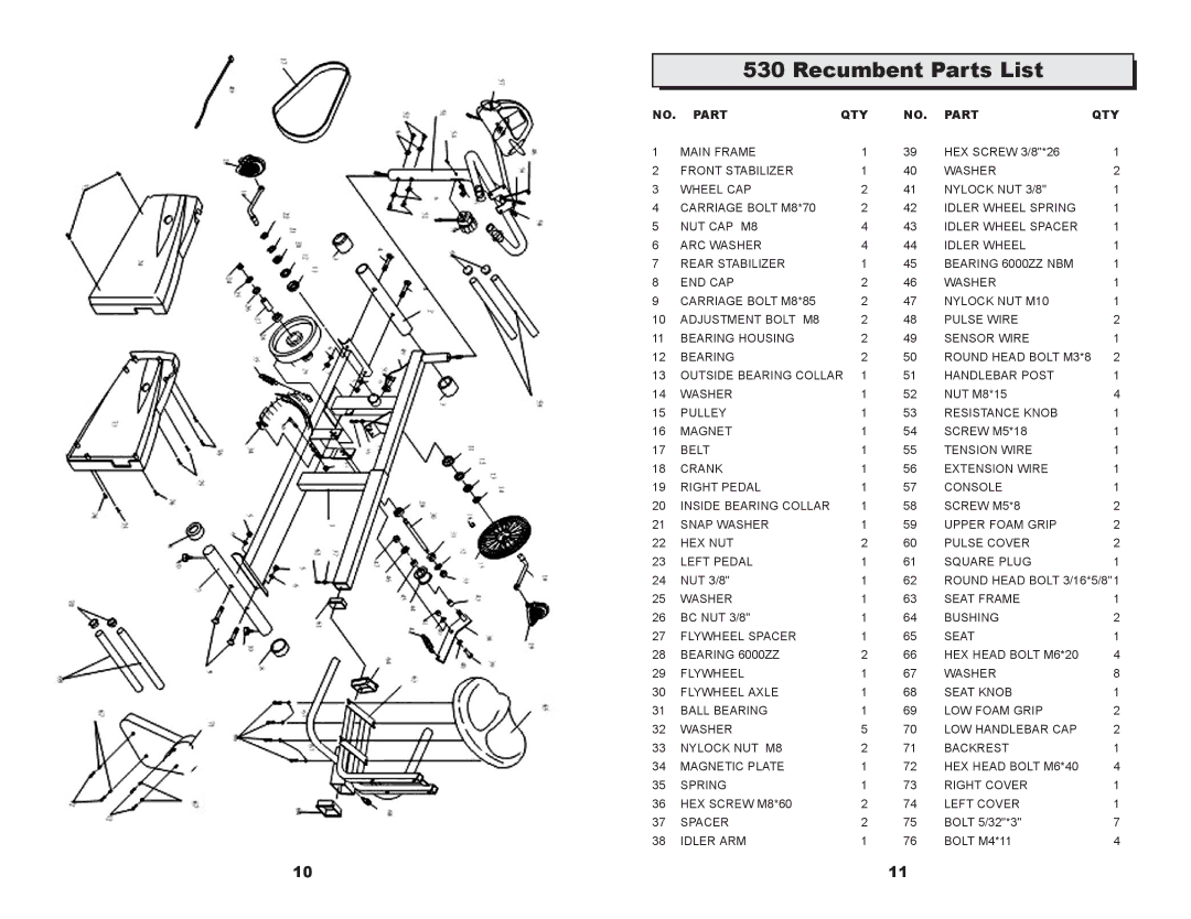 Keys Fitness CM530R owner manual Recumbent Parts List 