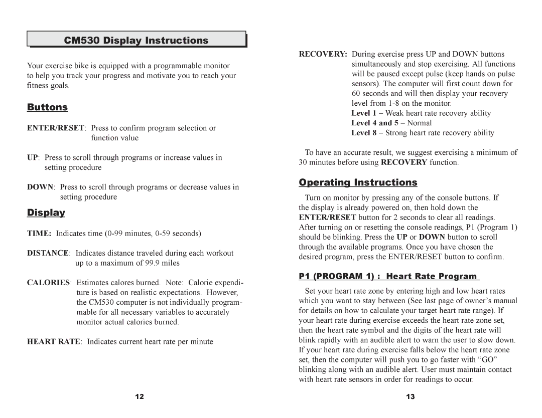 Keys Fitness CM530R CM530 Display Instructions, Buttons, Operating Instructions, P1 Program 1 Heart Rate Program 