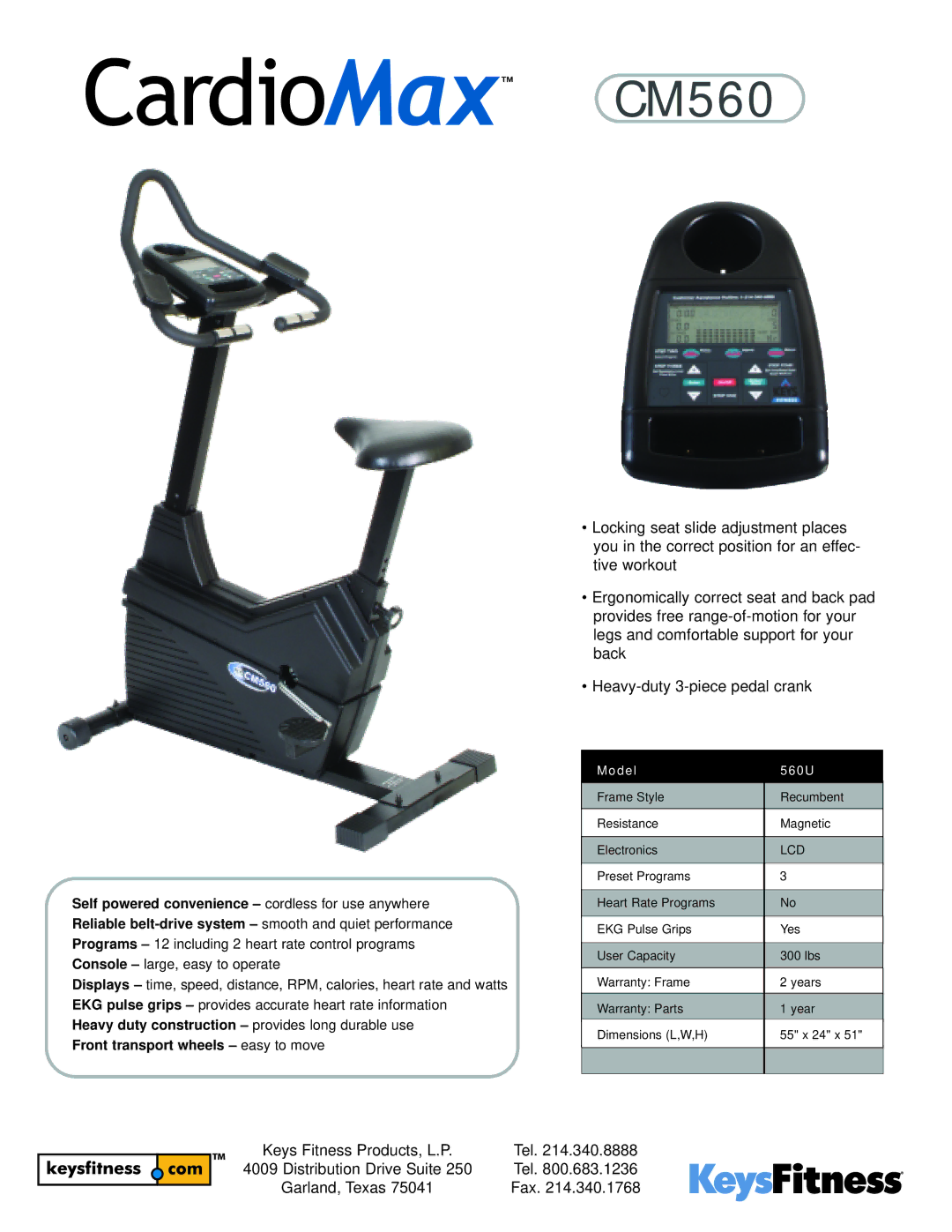 Keys Fitness CM560 warranty Model 560U, Lcd 