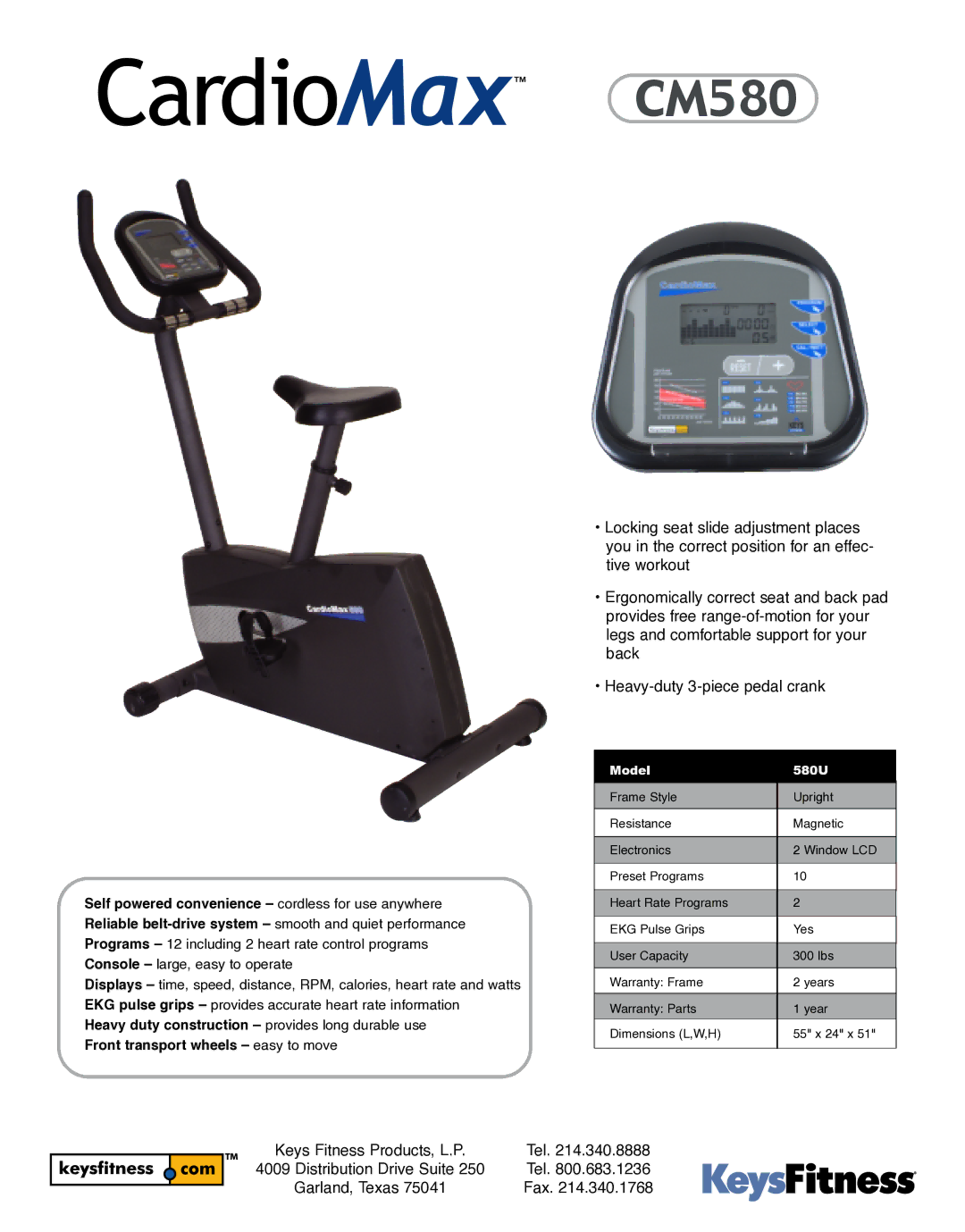 Keys Fitness CM580 warranty Front transport wheels easy to move, Model, 580U 