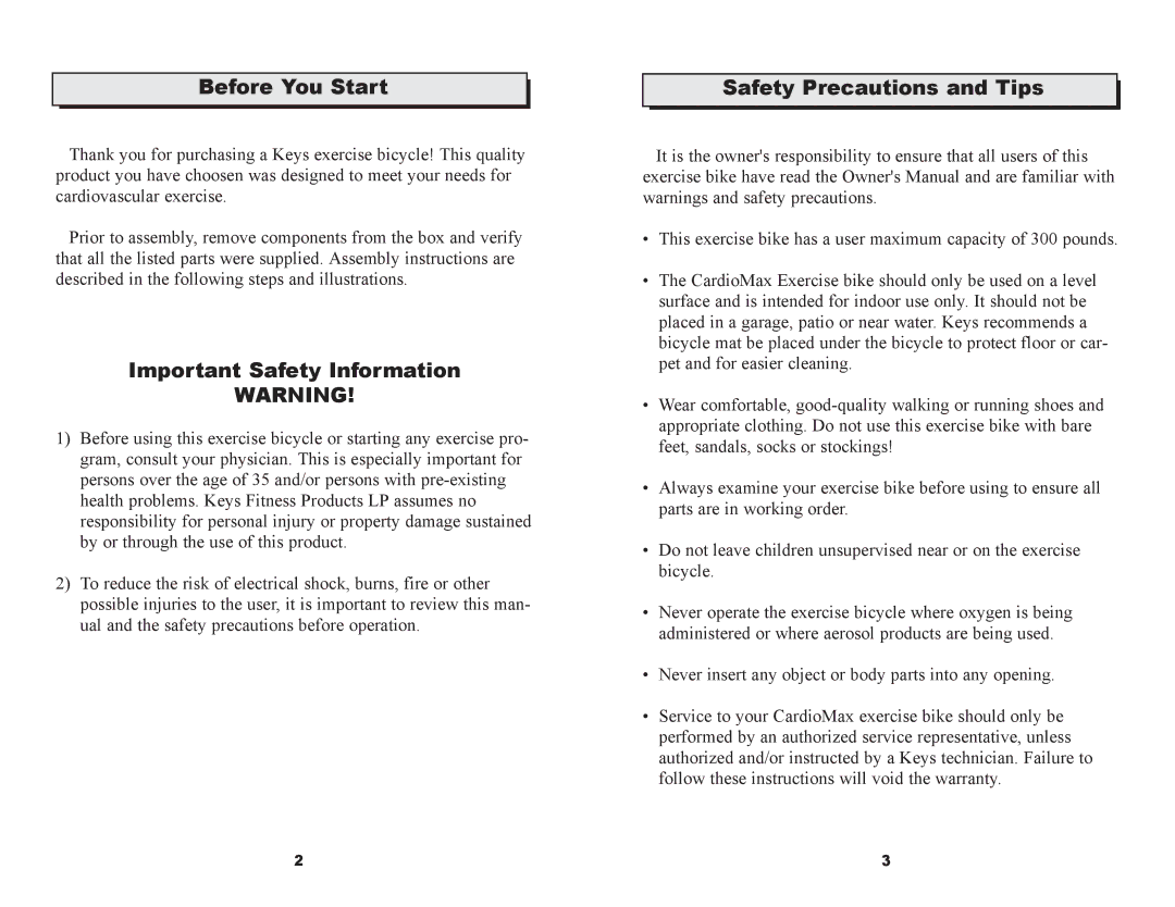 Keys Fitness CM580R owner manual Before You Start, Important Safety Information, Safety Precautions and Tips 