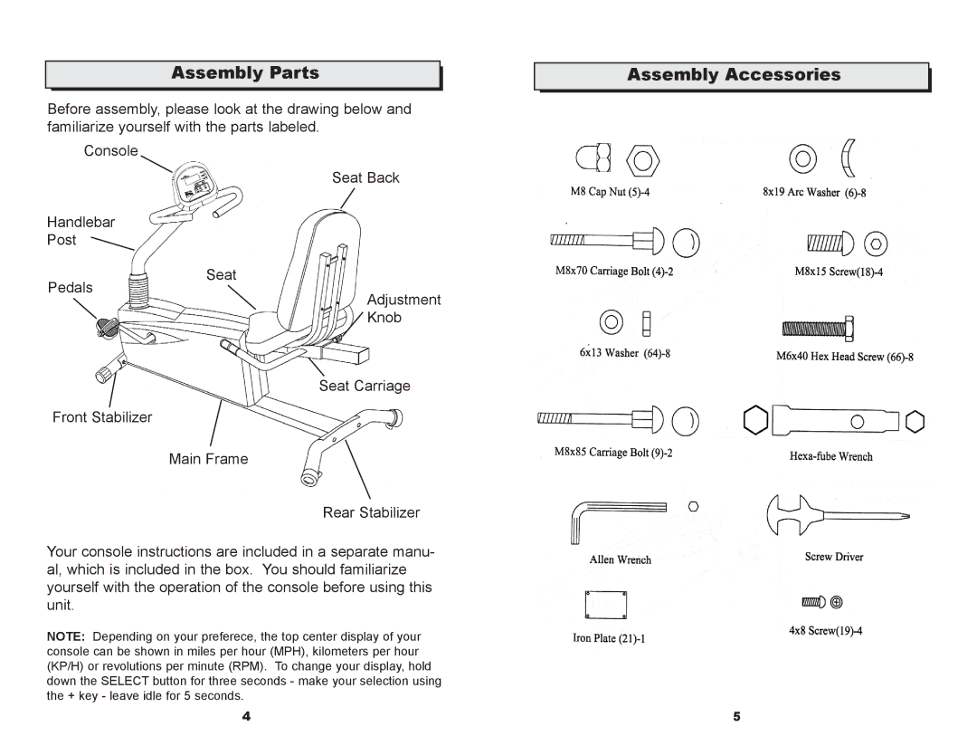 Keys Fitness CM580R owner manual Assembly Parts, Assembly Accessories 