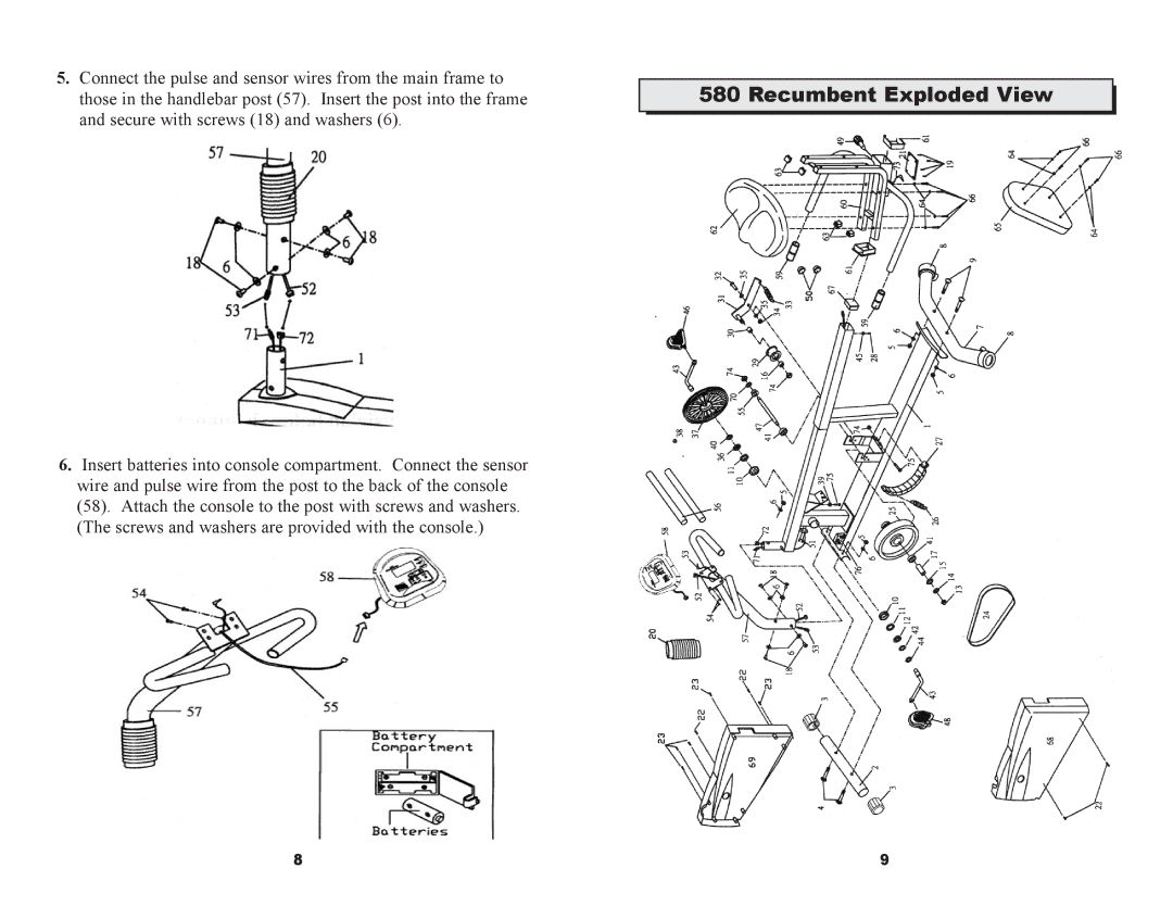 Keys Fitness CM580R owner manual Recumbent Exploded View 