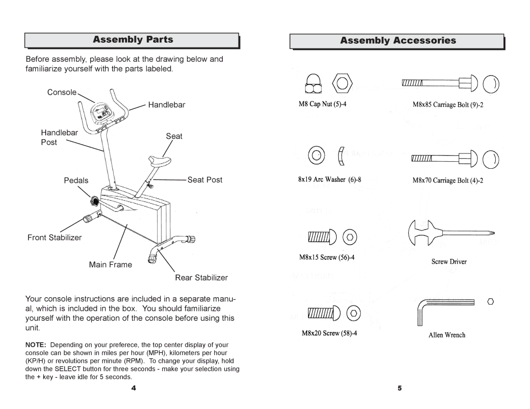 Keys Fitness CM580U owner manual Assembly Parts, Assembly Accessories 