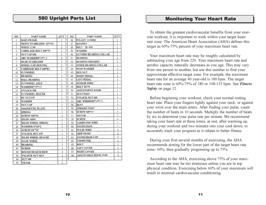 Keys Fitness CM580U owner manual Upright Parts List Monitoring Your Heart Rate 